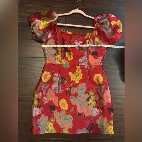 Lulus so stunning mini jacquard floral puff sleeve holiday party wedding dress - Picture 8 of 11